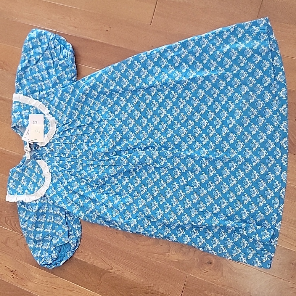 NWT Girls Sea New‎ York Annika Print Puff Sleeve Dress Blue Collared 12Y